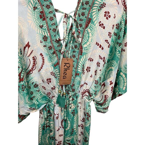 NWT Rhea Rubi Jumpsuit Boho Wide Leg Tassel Tie Waist Floral Green - Picture 5 of 7